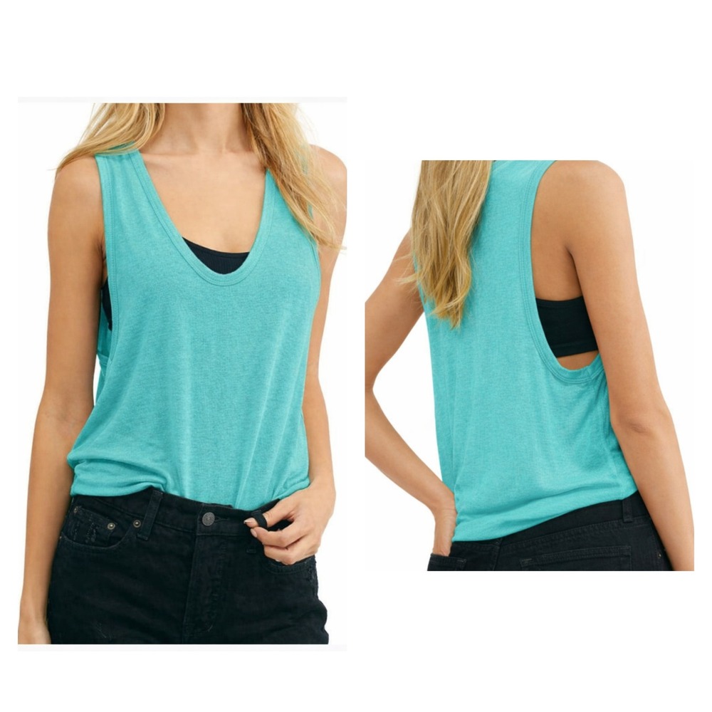 WE THE FREE People Take The Plunge Oversized Tank Scoop Neck Top Blue Sz M